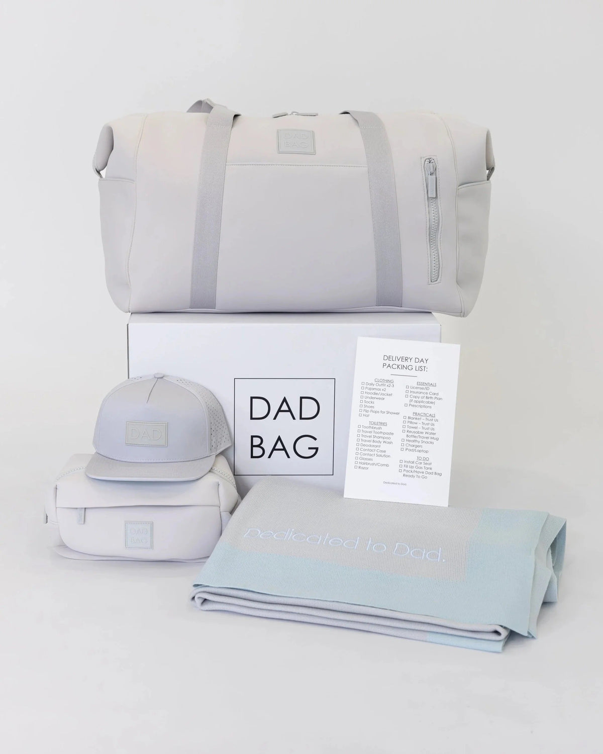 light gray dad bag set on a white background